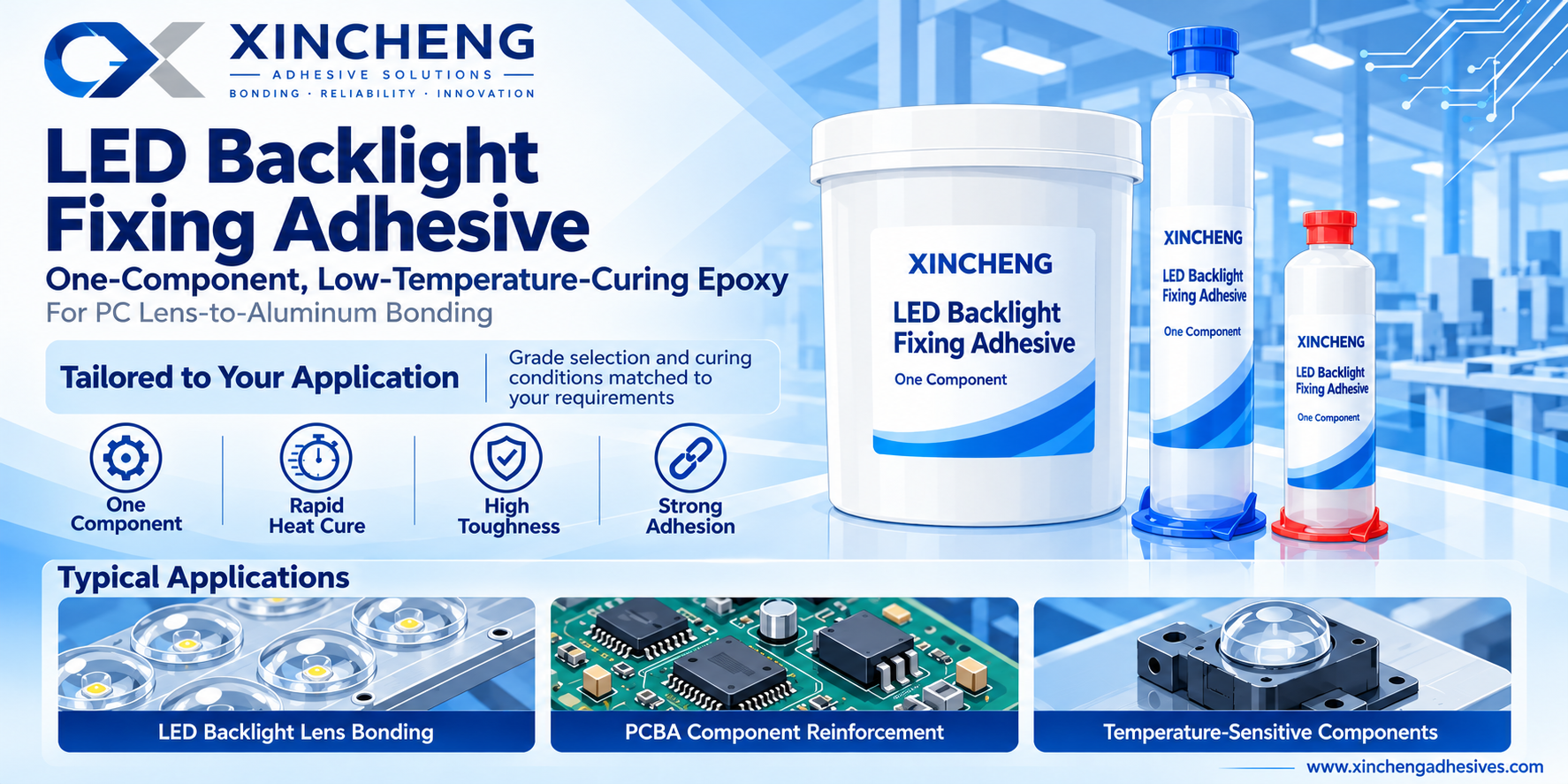 XINCHENG LED backlight fixing adhesive: one-component low-temperature-curing epoxy for PC lens-to-aluminum bonding.