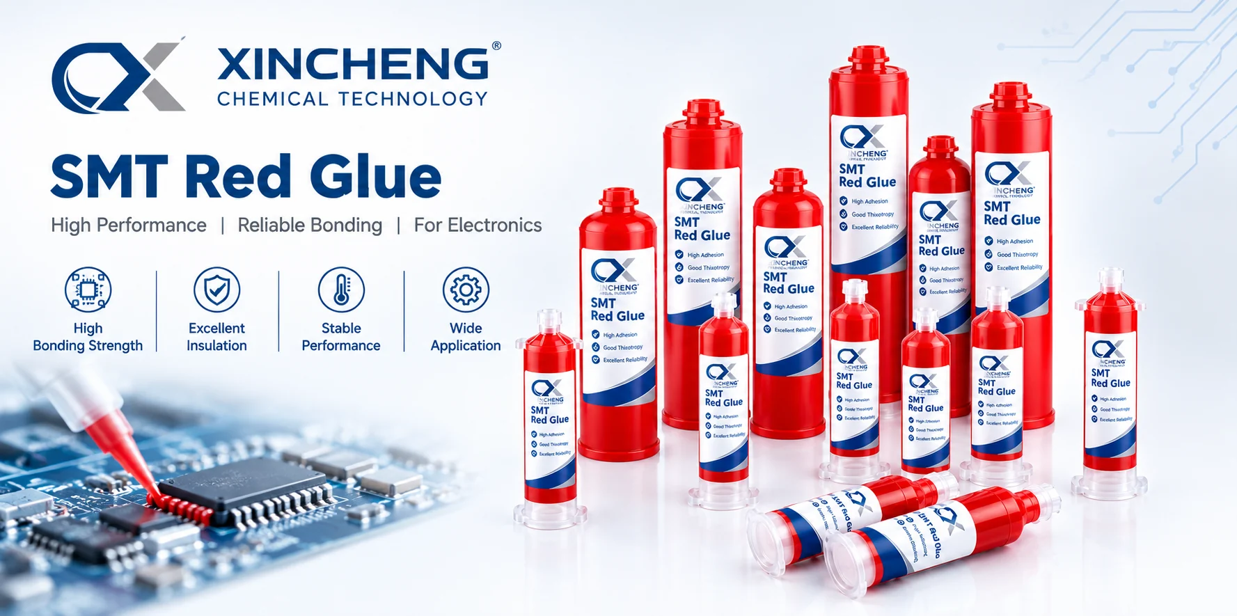 XINCHENG SMT red glue for PCB component fixing.