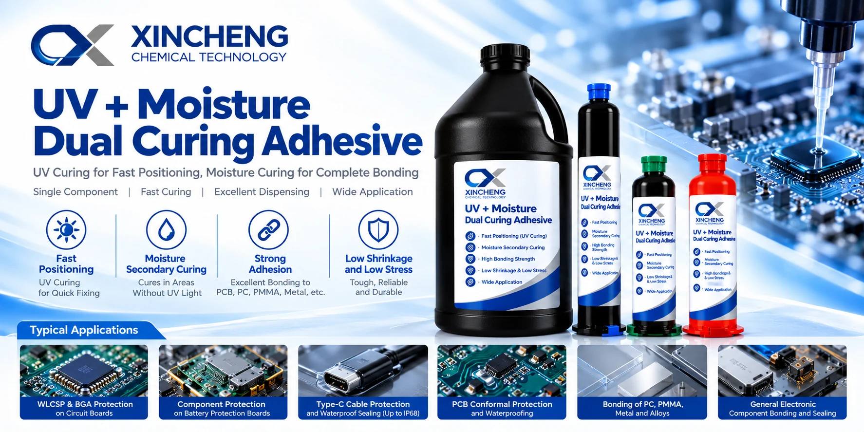 XINCHENG UV and moisture dual-cure adhesive product overview.